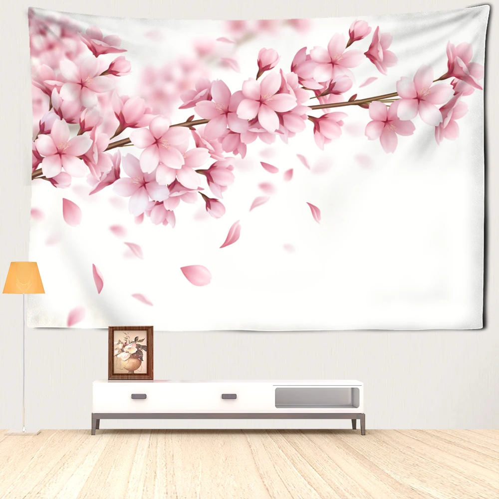 Pink Cherry Blossom Branch Tapestry Wall Hanging Minimalist Abstract Art Bohemian Natural Scenery Living Room Home Decor