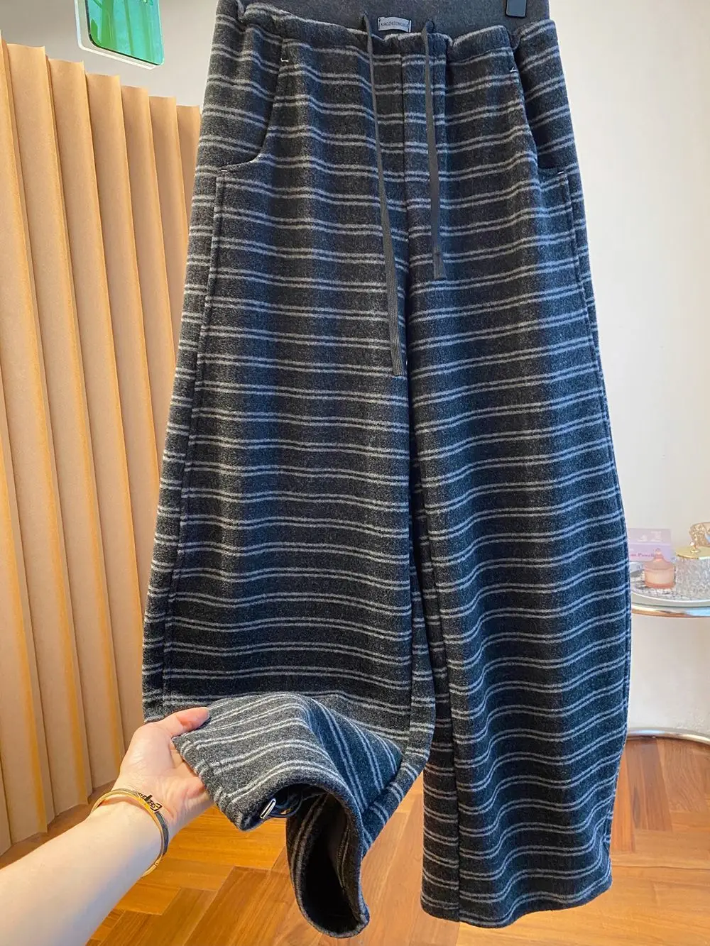 

plus Size Fce Lined Thiened Striped Pants Women's Autumn Winter Loose Casual High Waist Wide Leg Pants Korean Sle