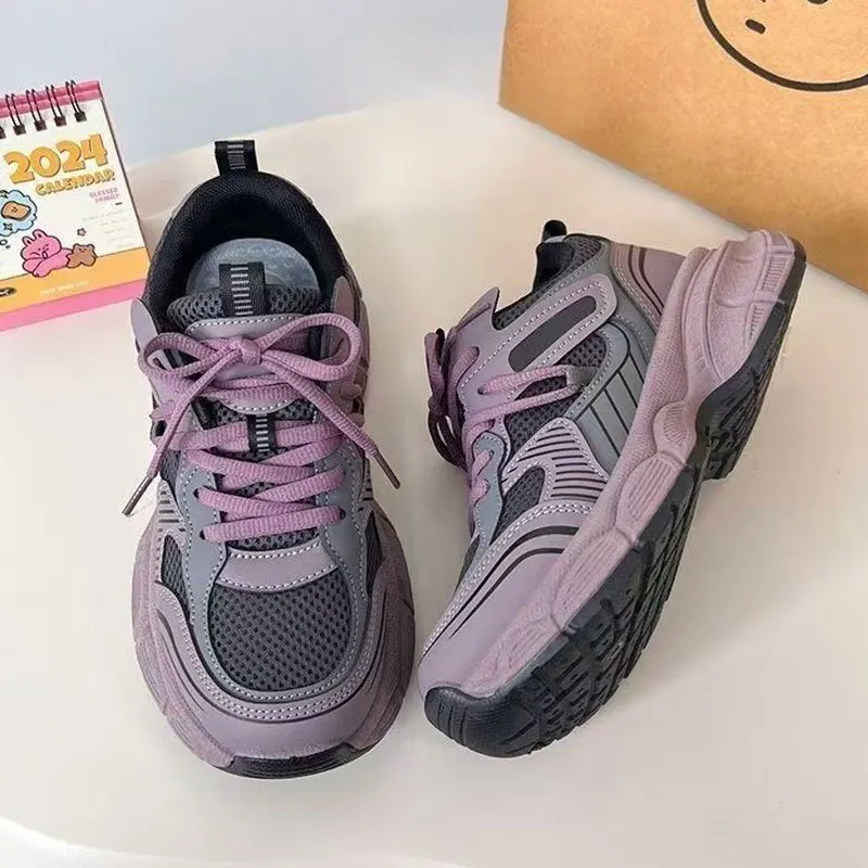 Women's Purple Mesh Chunky Sneakers 4cm Height Increase Casual Dad Shoes Lightweight Platform Sole All Season Ready Stock image 6