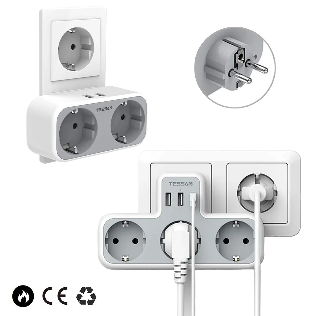 TESSAN Compact USB Plug 5 in 1 Thief Sockets with 3 Schuko Sockets and 3 USB Ports, Multiple Plug Adapter for Home Office