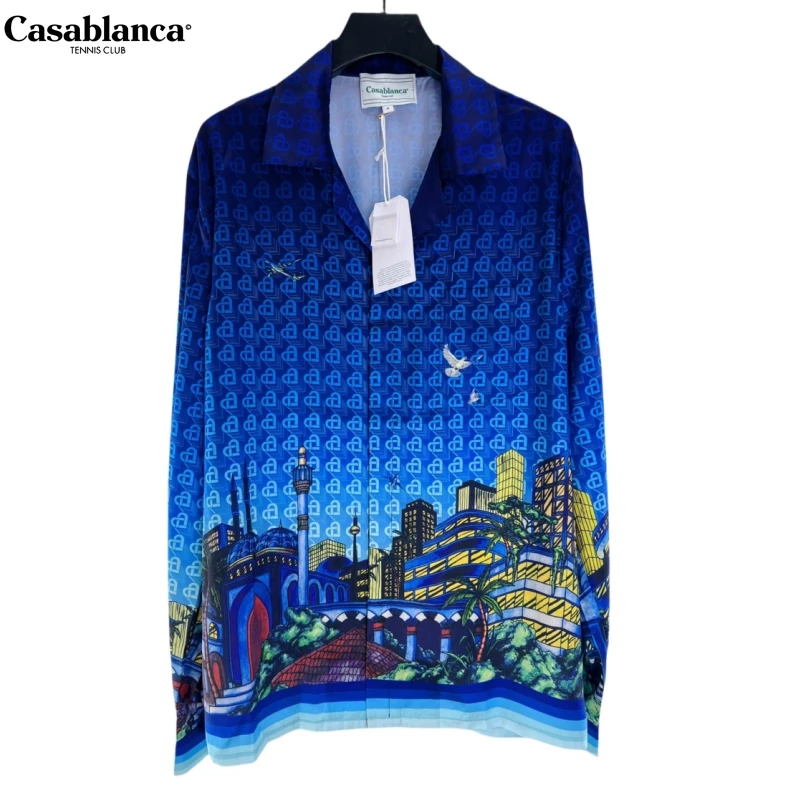 

CASABLANCA Tshirt 100% Silk Best Version T shirt Man Printed Women Men Long Sleeve Shirts Loose Fit Oversized Men Casual Shirts