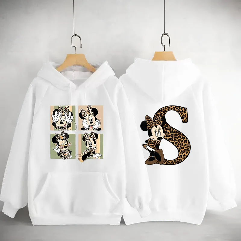 

Leopard Minnie Mouse 26 English Alphabet Hoodie Y2k Clothes Women's Sweatshirts Hoodie Long sleeve Woman Clothing Disney Hoodies