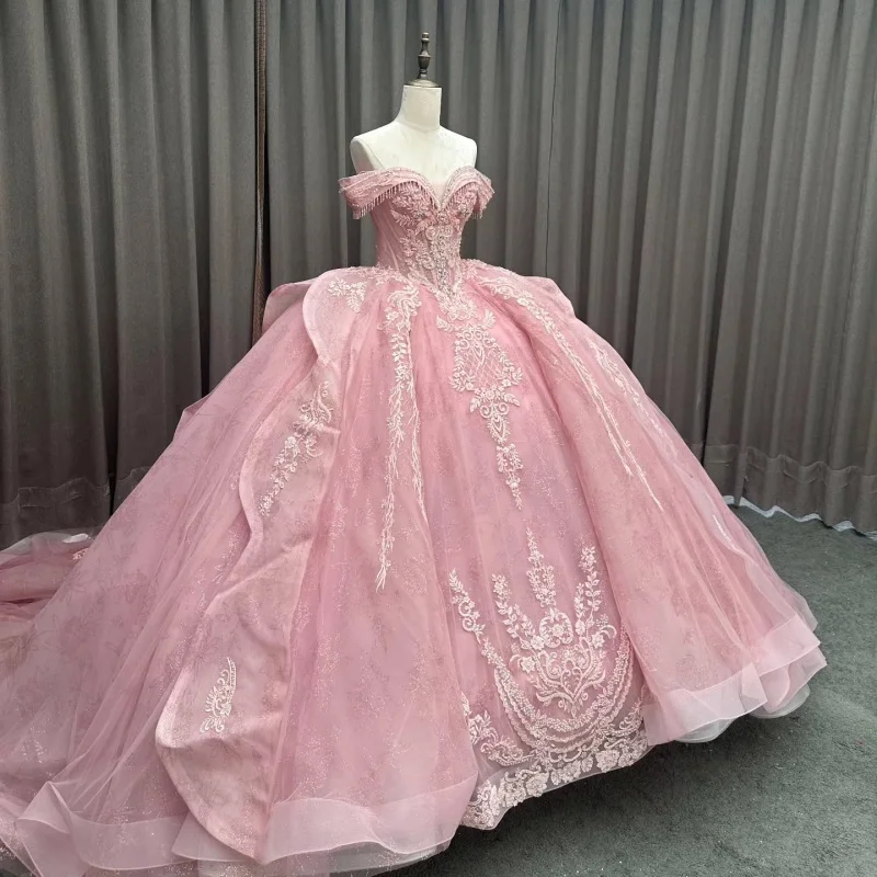 Robes de Quinceanera rose brillant personnalisées, épaules dénudées, paillettes appliquées, longue queue en dentelle superposée, 15