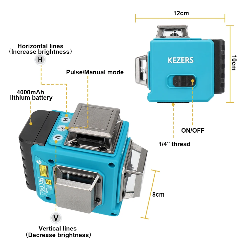 KEZERS Green Laser Level 3D/4D 12/16 Lines Self leveling 360 1PC 4000mAh Li-ion Battery лазерный уровень Remote Control