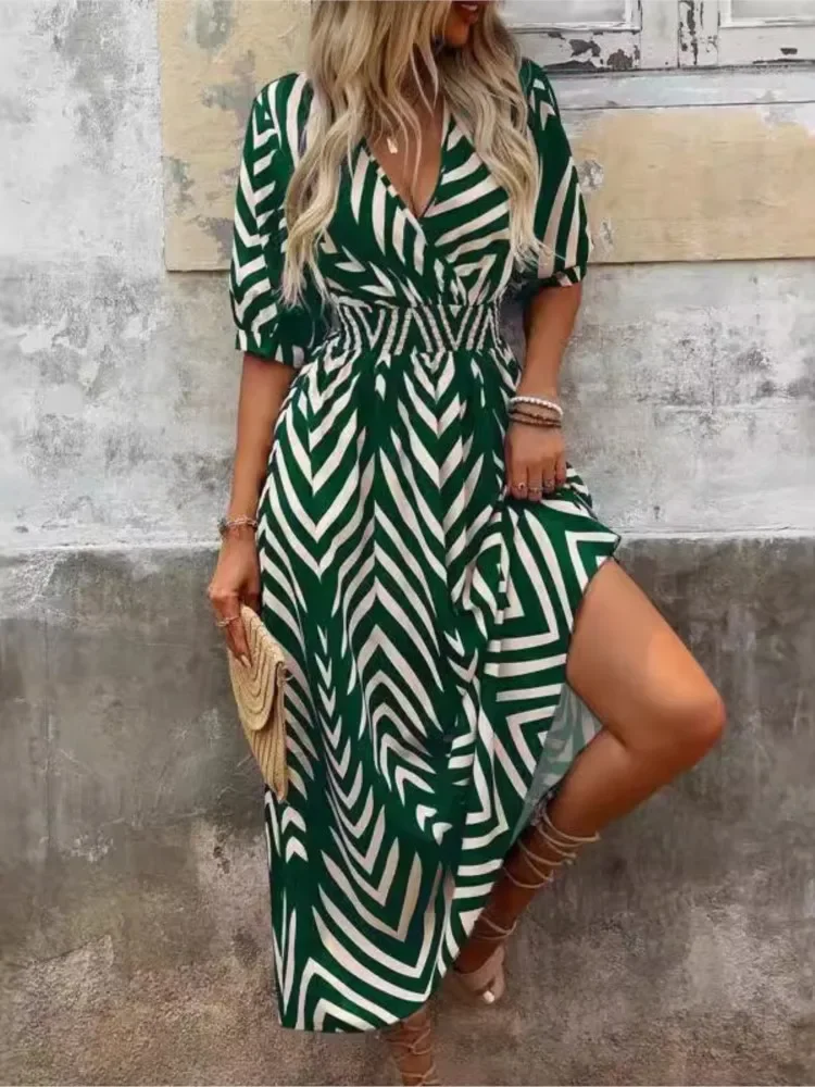 Abito lungo Boho casual per donna Abito estivo sexy con scollo a V manica corta a vita alta Abito con stampa femminile elegante moda maxi abiti
