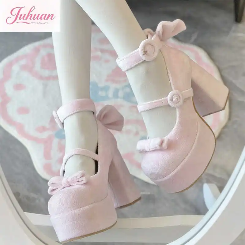 Japanese Doll Suede Waterproof Table Big High Heel Lolita Bow High Heels Women's Round Head Thick Heel Mary Jane Ladies Shoes