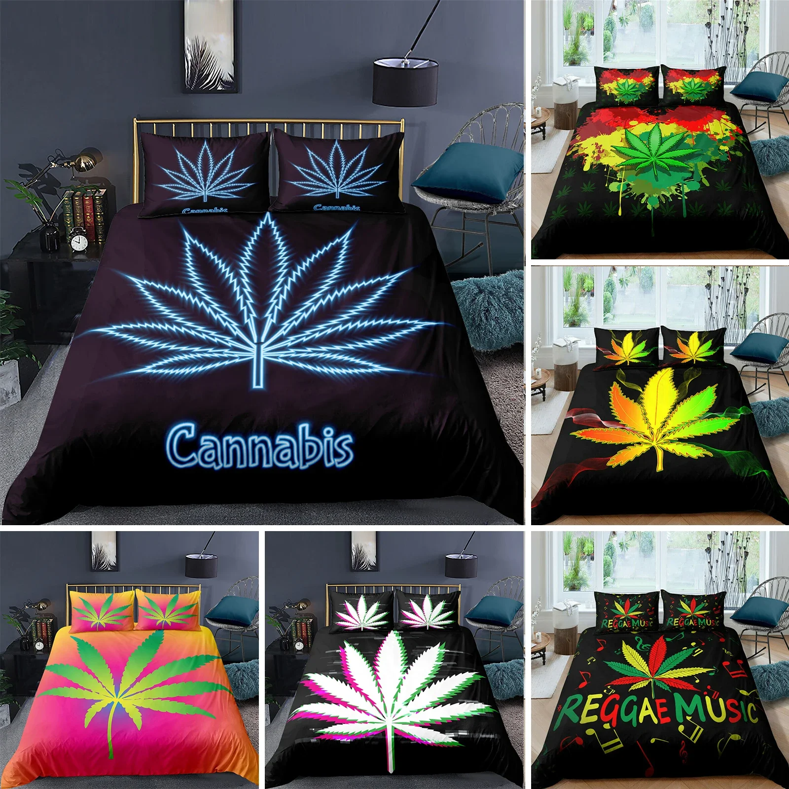 Cannabist Leaves Duvet Cover King Marijuana Weed Bedding Set Green Trippy Leaves Boho Polyester Comforter Cover for Teens Adults