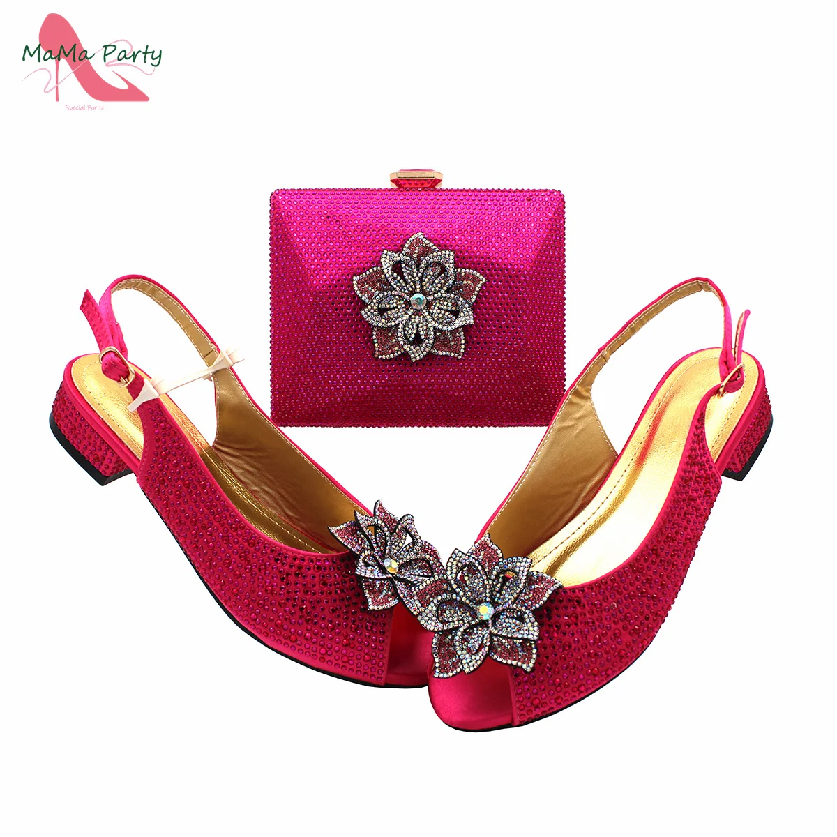 Low Heels Comfortable High Quality Italian Shoes and Bag Set in Fuchsia Color with Crystal for Wedding Party