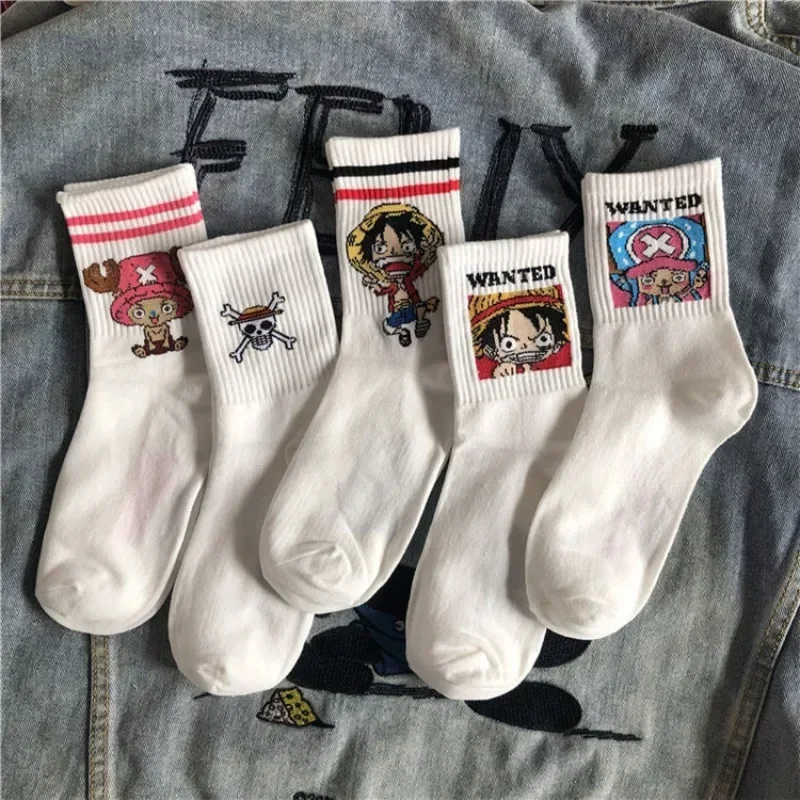 5 pares de calcetines de una pieza de Anime dibujos animados Luffy Chopper estudiante algodón blanco largo corto barco calcetines impresos calcetines de punto regalo para niños