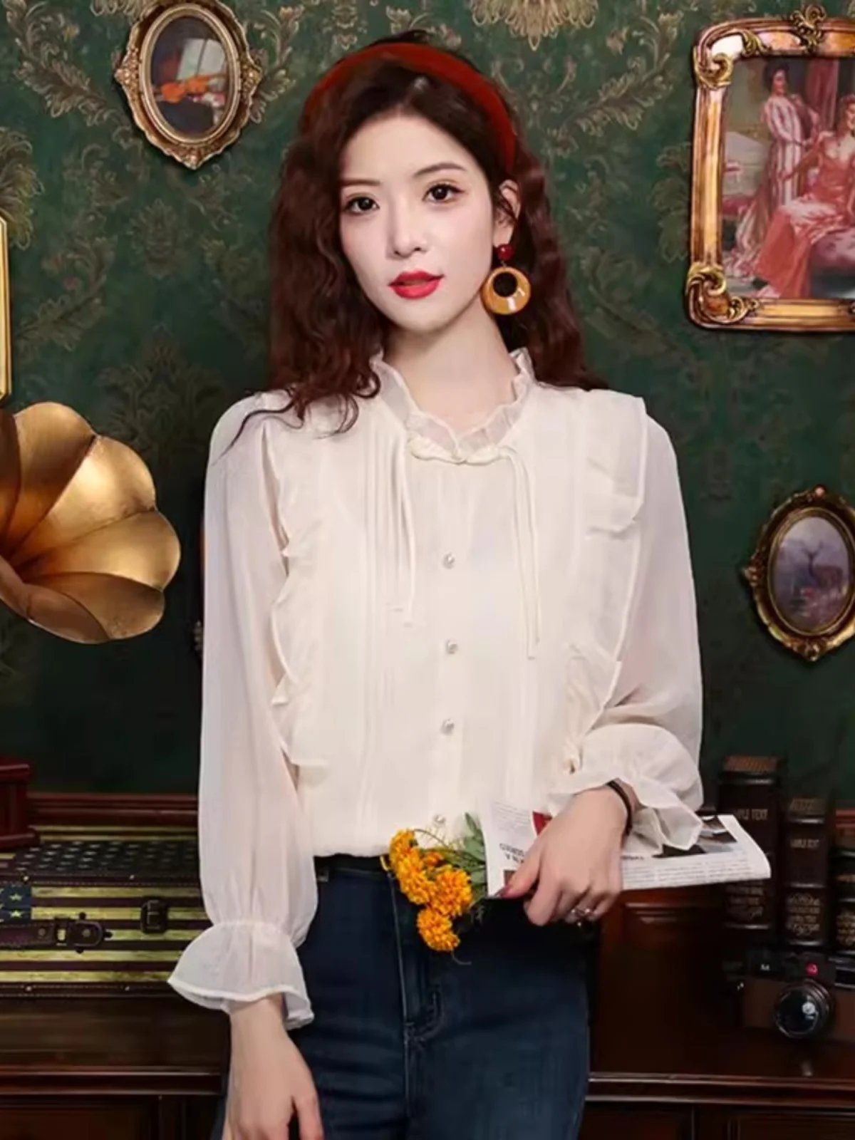 

Модная шифоновая блузка с длинным рукавом для женщин, новинка ранней весны 2026, осень-зима, приталенный топ, молодежная верхняя одежда