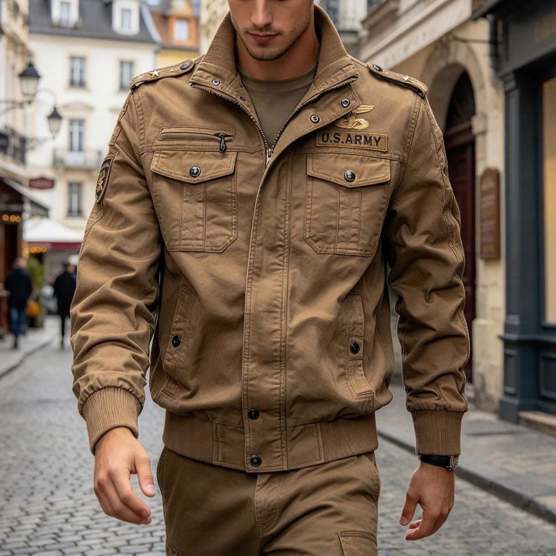 Streetwear Vintage Solid Color Jacket Mens Daily Outdoor 2026 Autumn Multi Pocket Cargo Coats For Male Stand Collar Outerwear
