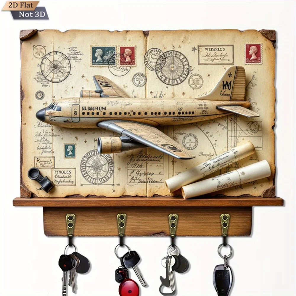 2D flach, 1 Stück Vintage-Schlüsselhaken in Flugzeugform, multifunktionaler Hausschlüsselhalter aus Holz mit vier Metallhaken, Wanddekoration, Veranda