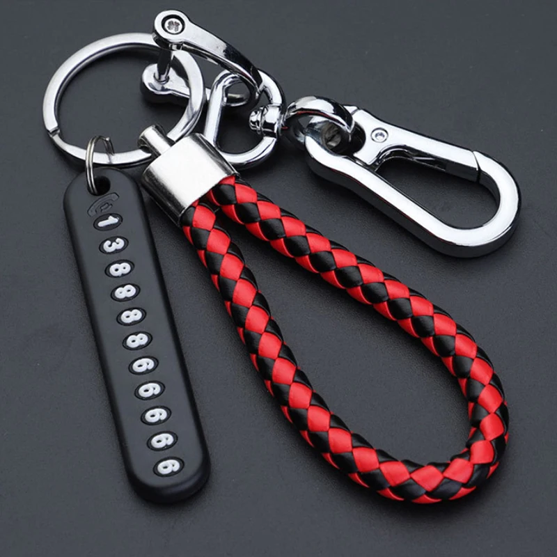 Anti-lost Car Keychain Phone Number Card Keyring Leather Bradied Rope Auto Vehicle Key Chain Holder Accessories Gift