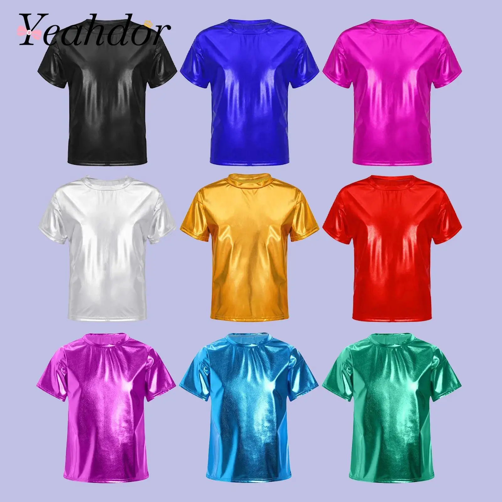 

Kids T-Shirt Girl Boys Shiny Metallic Short Sleeve T-Shirt Children Jazz Dance Costume Top Performance Dancewear Hip Hop Clothes