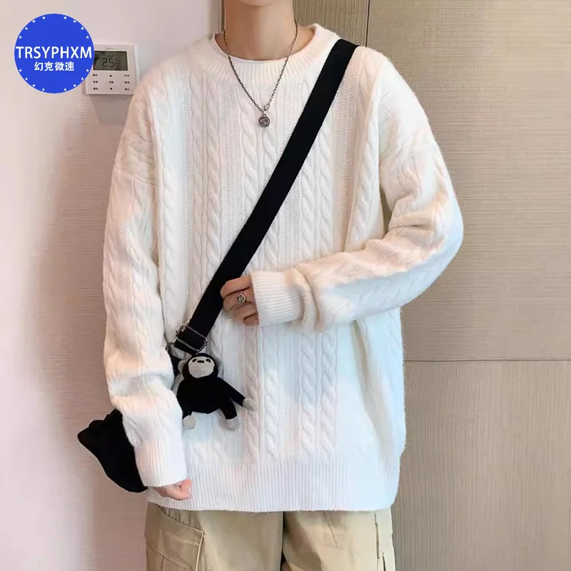 TRSYPHXM 2024 New Sweater Men's Round Neck Loose Trendy Spring and Autumn Winter Retro Knitted Shirt Top Clothes