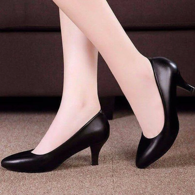 Women Soft Leather High Heels 2023 Summer New Black Pointed Toe Mid Heel Ladies Shoes Chunky Heel Dress Office Work Women Pumps