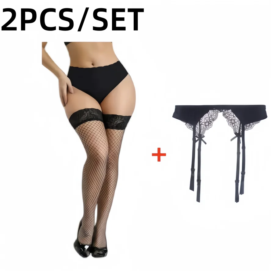 

2PCS/set Plus Size Fishnet Lace Stockings with Garter Belt Sheer Sexy Elastic Women's High Waist Pantyhose for Summer Tights XXL