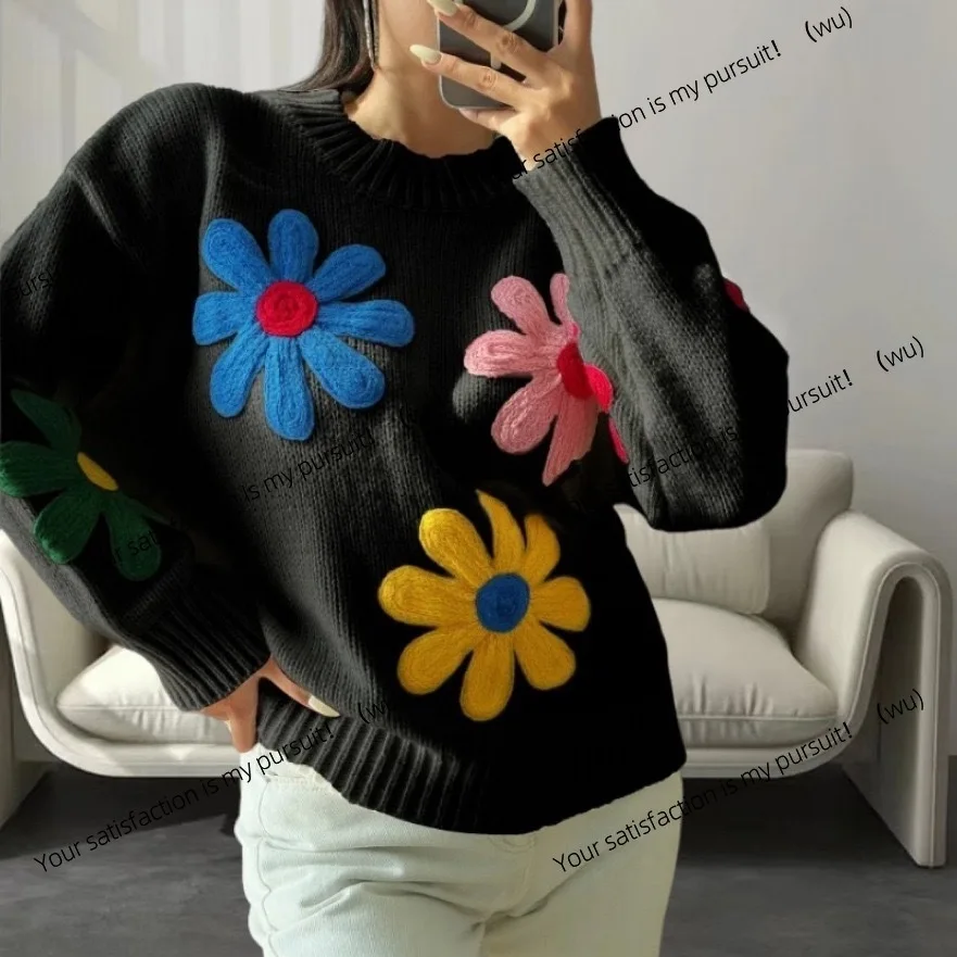 Sweater women's high-end sense loose new linked flower warm lazy wind embroidered flower pullover knitted sweater