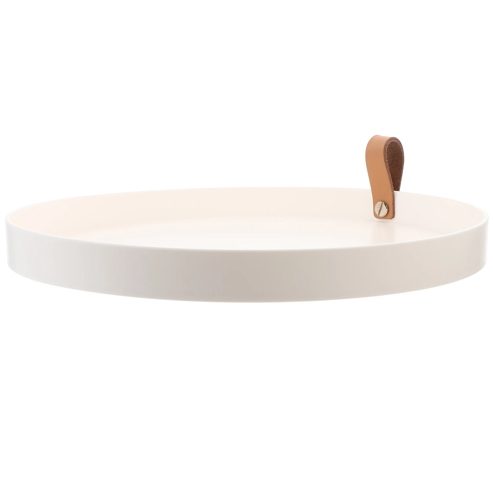 

Round Storage Tray Black PU Handle Organizer Small Bathroom Vanity Easy Clean Durability Modern Style Jewelry