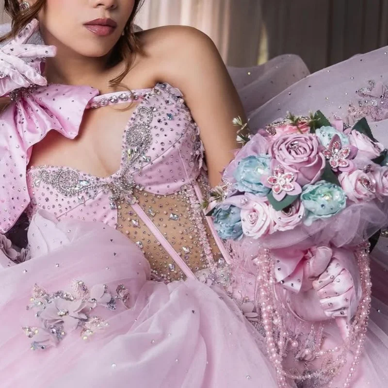 

Pink Quinceanera Dress off-shoulder crystal glitter 3D flower decal Long tail vestidos de 15 Quinceanera ﻿Customize