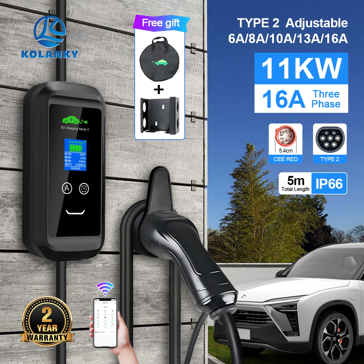 Kolanky-ev-電気自動車充電器ウォールボックス,11kw,16A, 3P,iec 62196,タイプ2プラグ,Tuyaアプリケーション,wifi,通常充電ケーブル,5 m, 10m