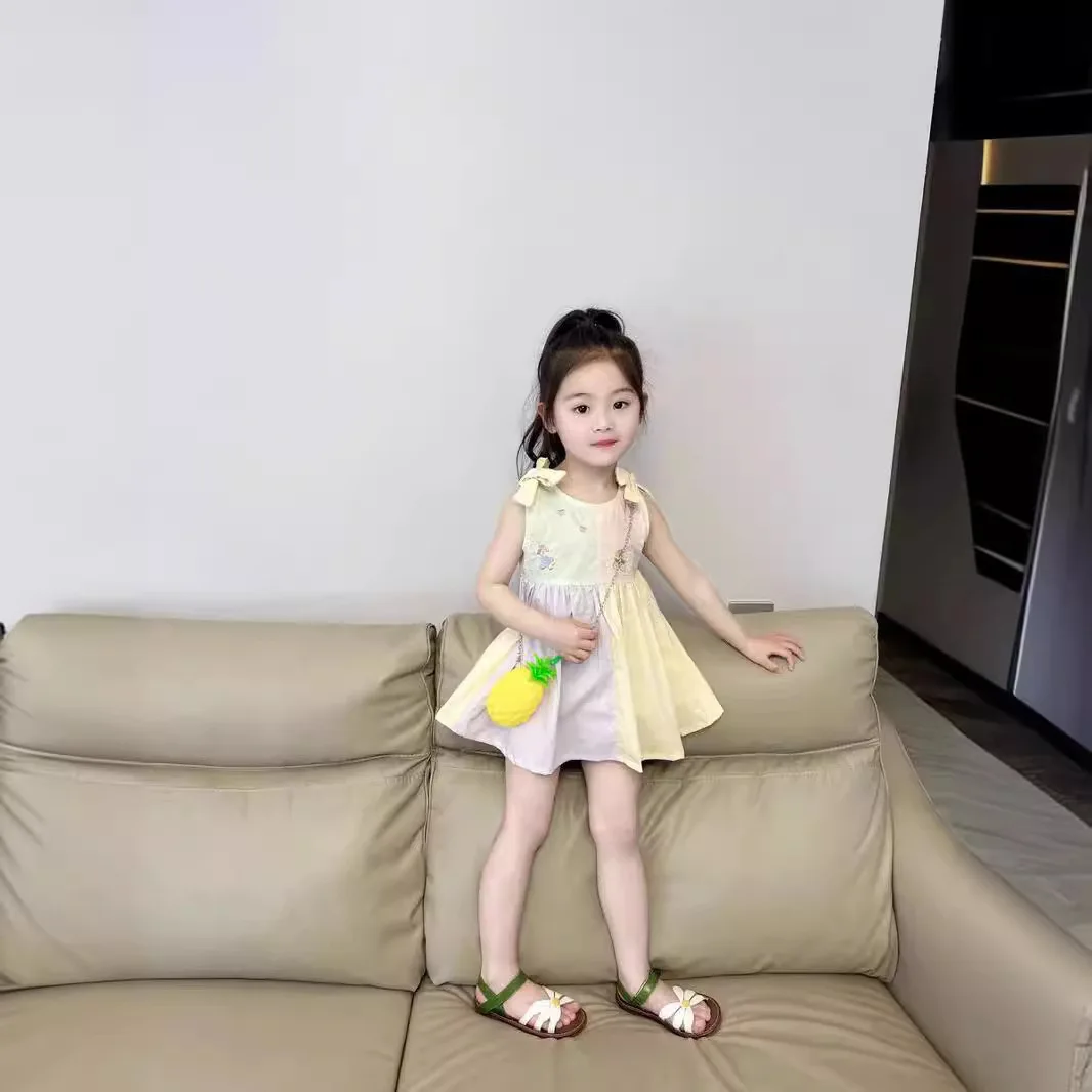 Baby Girl Dress Girls Sweet All-in-one Dress Summer New Female Treasure Korean Matching Embroidery Bow Princess Dresses