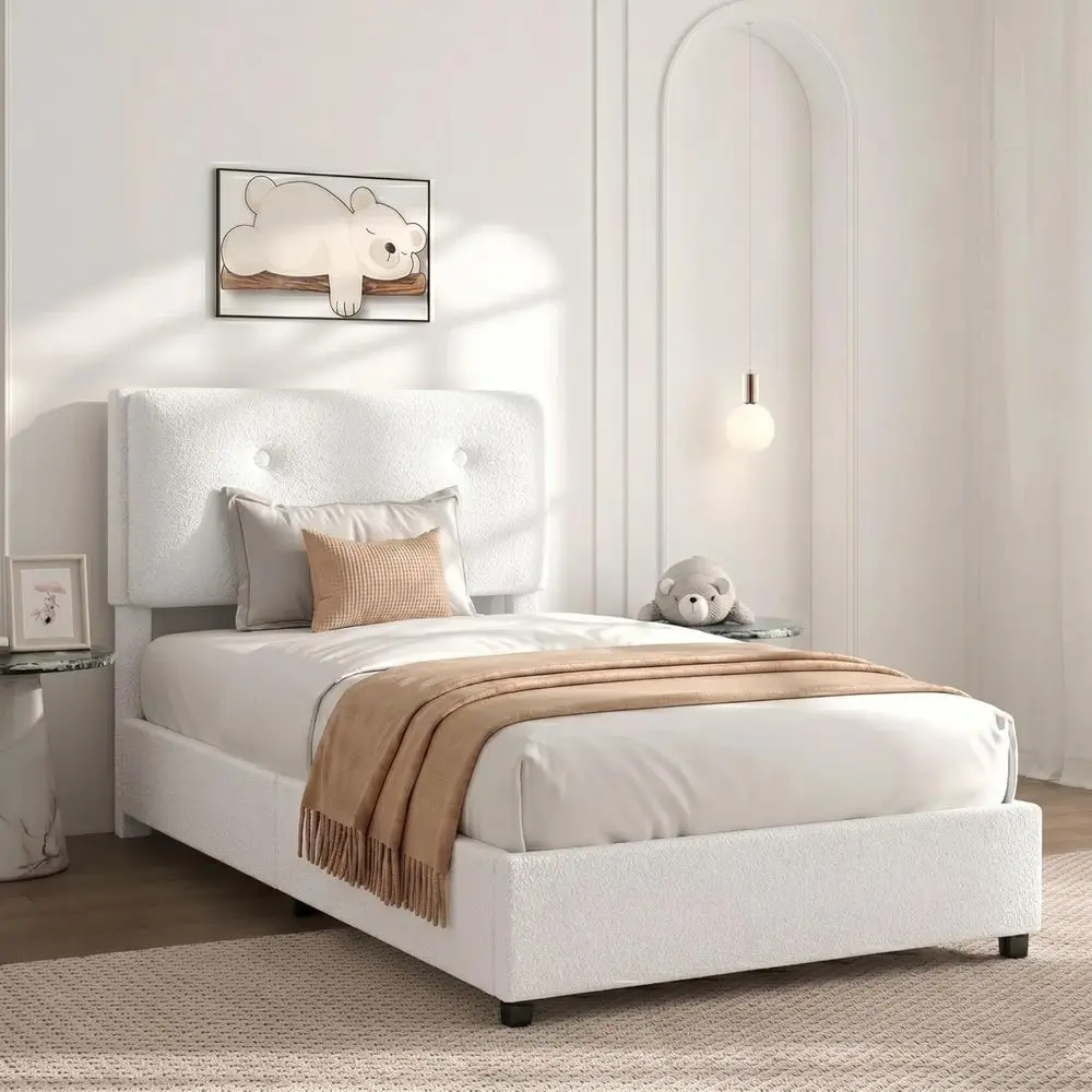 Twin Size Upholstered Bed with Board, Removable Washable Cover, Wood Slat Support, No Box Spring Needed, Easy Assembly, White