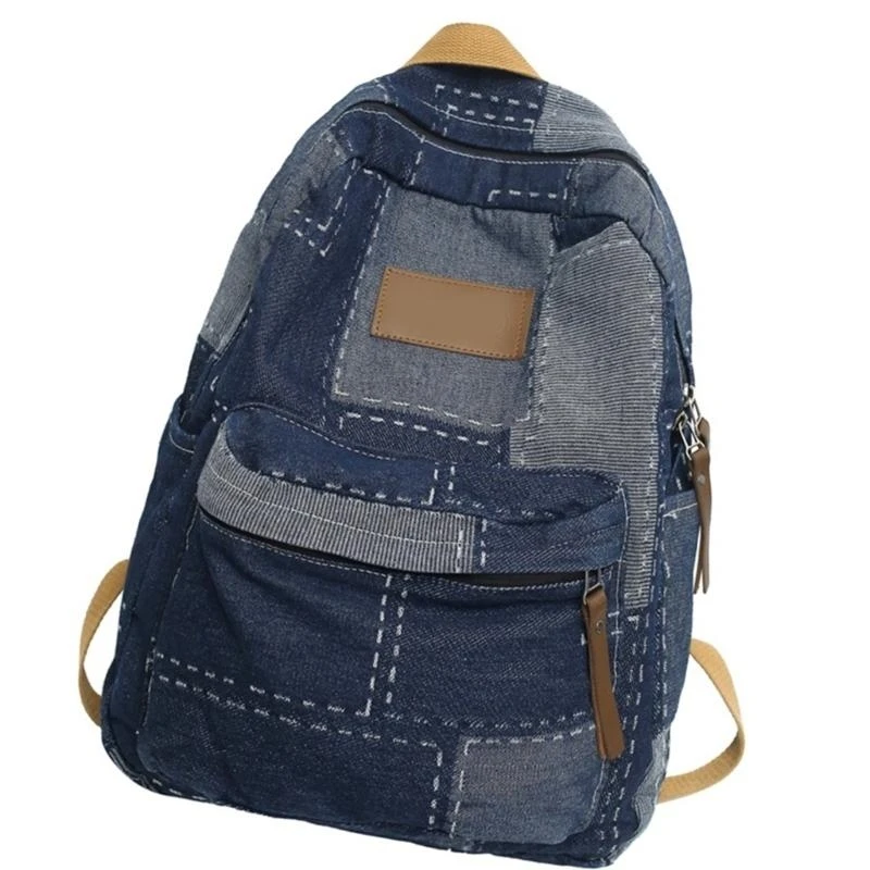

X7XC Denims Patched Backpack Book Bag Preppy Rucksack Large Capacity Casual Daypacks
