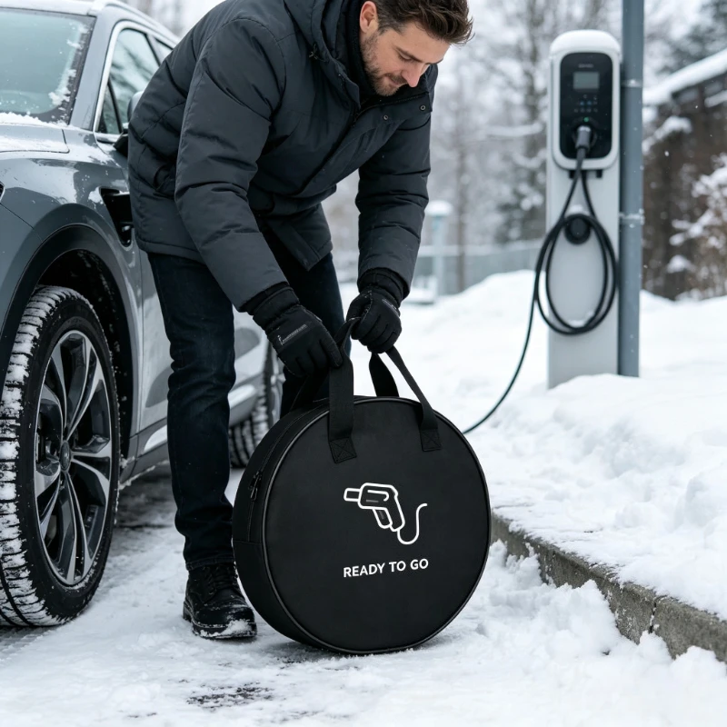 Round EV Charging Gun Cable Storage Pouch Oxford Fabric Portable Vehicle Accessory Bag