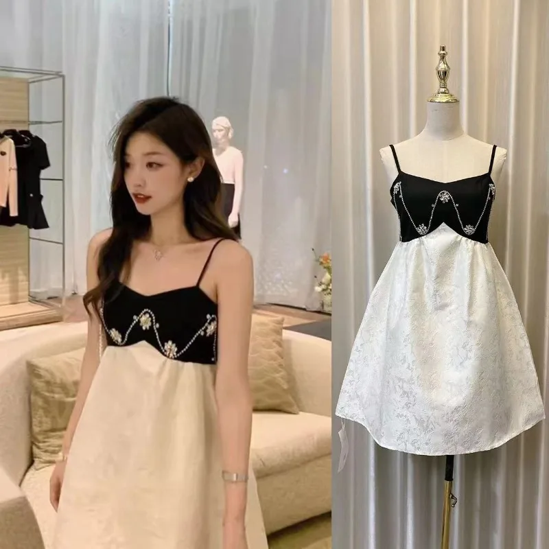 

French Elegant Spliced Diamond Suspender Dress for Women Summer Patchwork Contrast Short Strapless Party Dresses Female Clothing