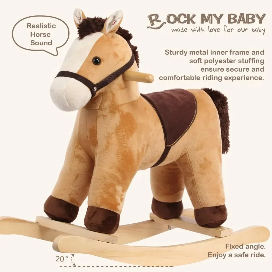 Rocking Horse Rocking Animal with Realistic Sound Stuffed Rocker for Toddlers 18M+ Soft Filling Ride on Pony Light Brown Horse