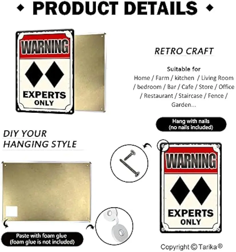 Ski Warning Tin Metal Signs, Double Black Diamond Experts Only, Decor for Indoor