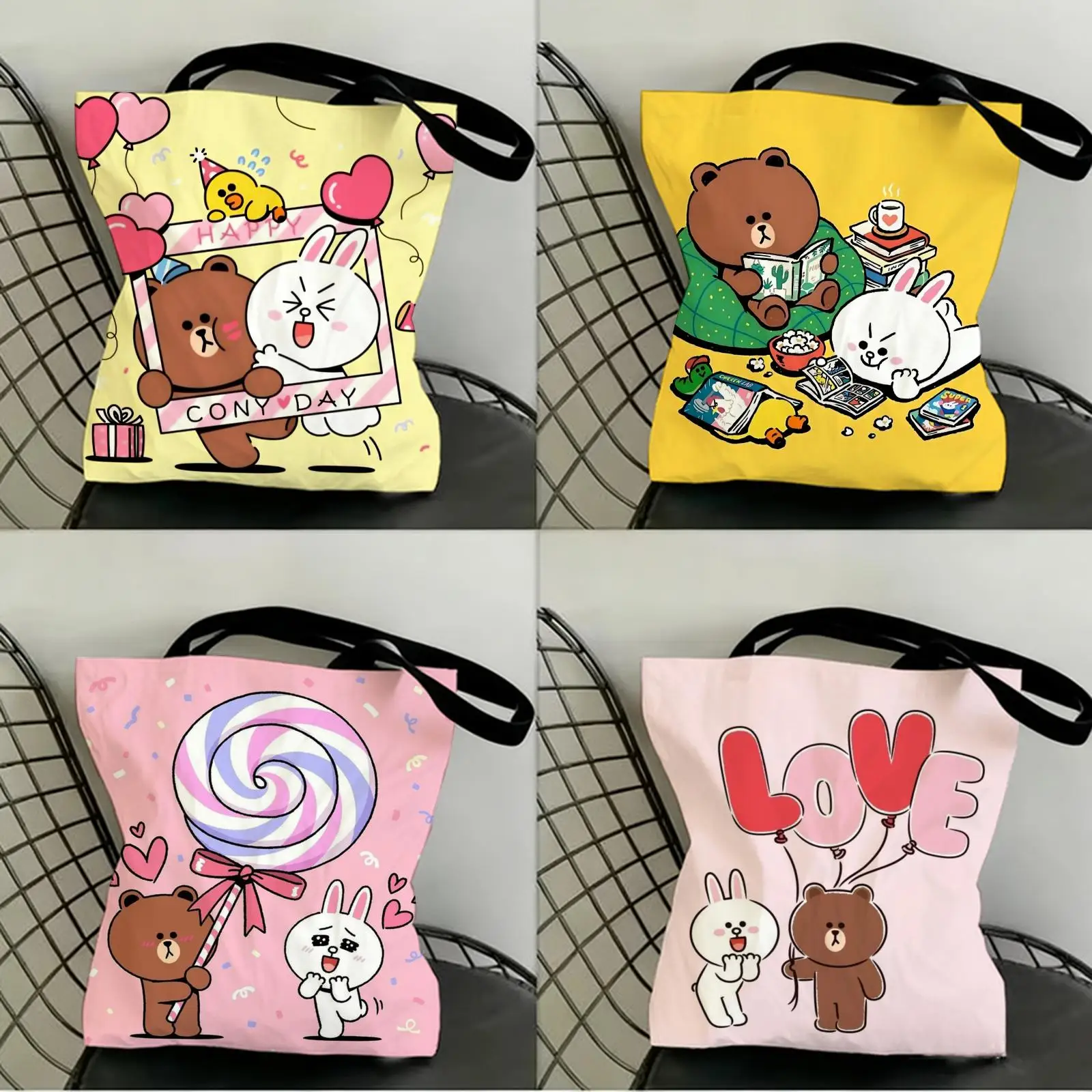 

B-Brown Bear and C-Cony Storage Bags Canvas Double-Sided Print Shopping Bag Large Capacity Aesthetic Reusable Tote Bag