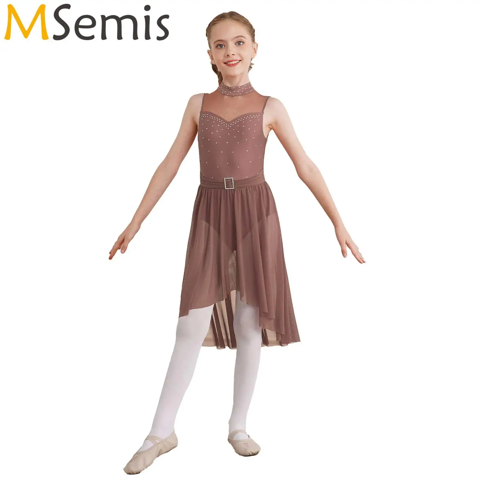 Kids Girls Shiny Rhinestone Gymnastics Artistic Skating Costume Ballet Leotards Tutu Skirt Built-in Briefs Lyrical Dance Dress