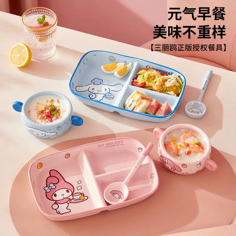 Hot Sanrios Hello Kitty Soup Bowl My Melody Ceramic Dinner Plate Kids Cute Cinnamoroll Ladle Cartoon Home Couple Tableware Set