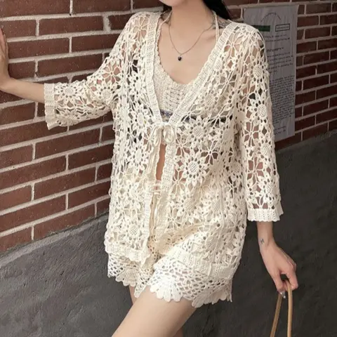 Lace Kimono Cardigan for Women Floral Embroidered Bell Sleeve Tie Front Crochet Cardigan Top Summer Beach Cover-up