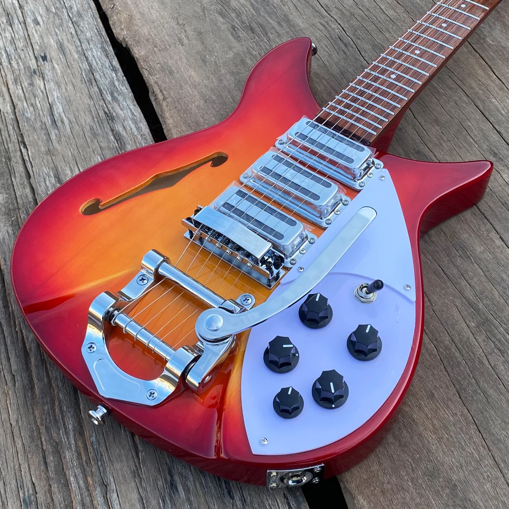 

325 Электрогитара Cherry Sunburst с F-образным отверстием, полуполый корпус, тремоло-бридж, 34 дюйма, Guitarra 20,75 дюйма, длина с короткой шкалой