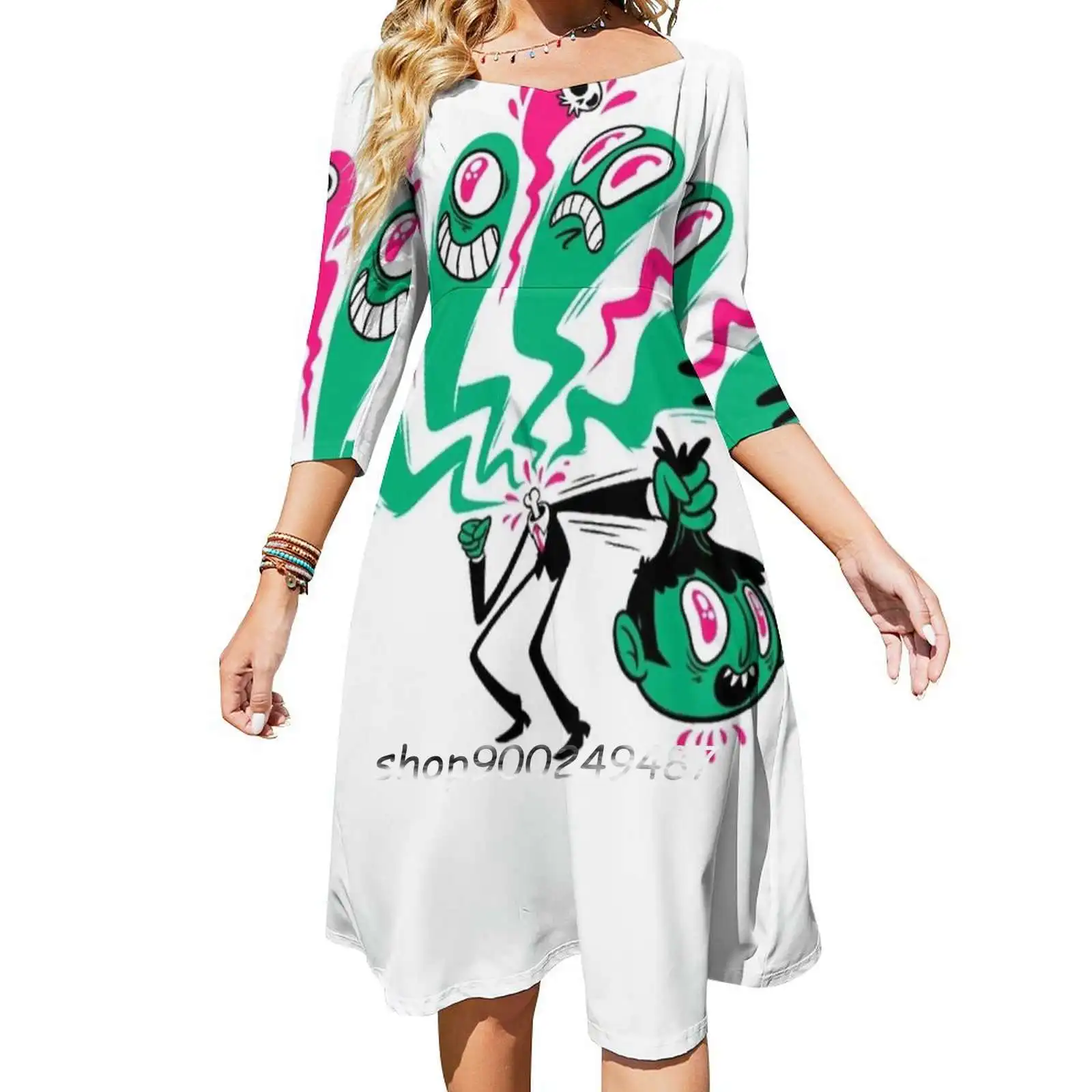 Monster Emotions Sweetheart Knot Flared Dress Fashion Design Large Size Loose Dress No Head Emotions Neon Universe Moon Space