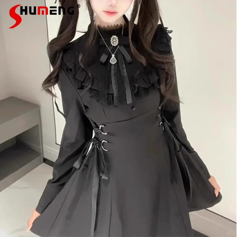 

Black Rojita Style Stand-up Collar Dresses Women's Lace Long-sleeved Bow Strap Waist Thin Dress Autumn Spring New Vestidos Mujer