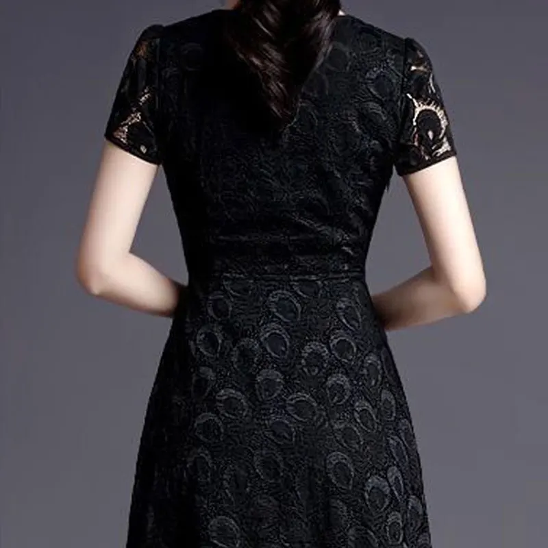 Sexy Lace Hollow Out Mini Dress Women's Clothing Elegant O-Neck Summer Short Sleeve Vintage Solid Color Fashion A-Line Dresses