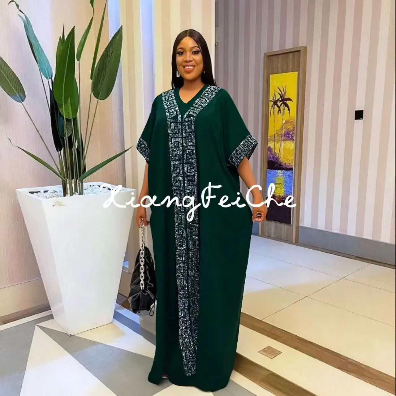 

2025 New Fashion Casual Ethnic Solid Color Loose African Pusu Diamond Women's Bubu Dress