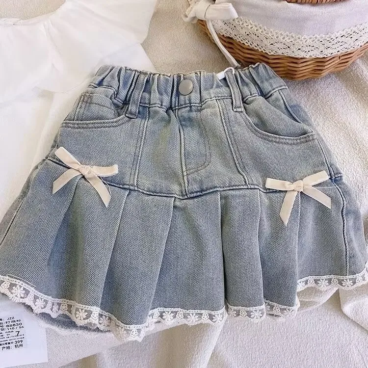 New Baby Girls Summer Fashion Teenage Sets, T-shirt + Jean Bow Skirts Princess Causal Suits 5-12T