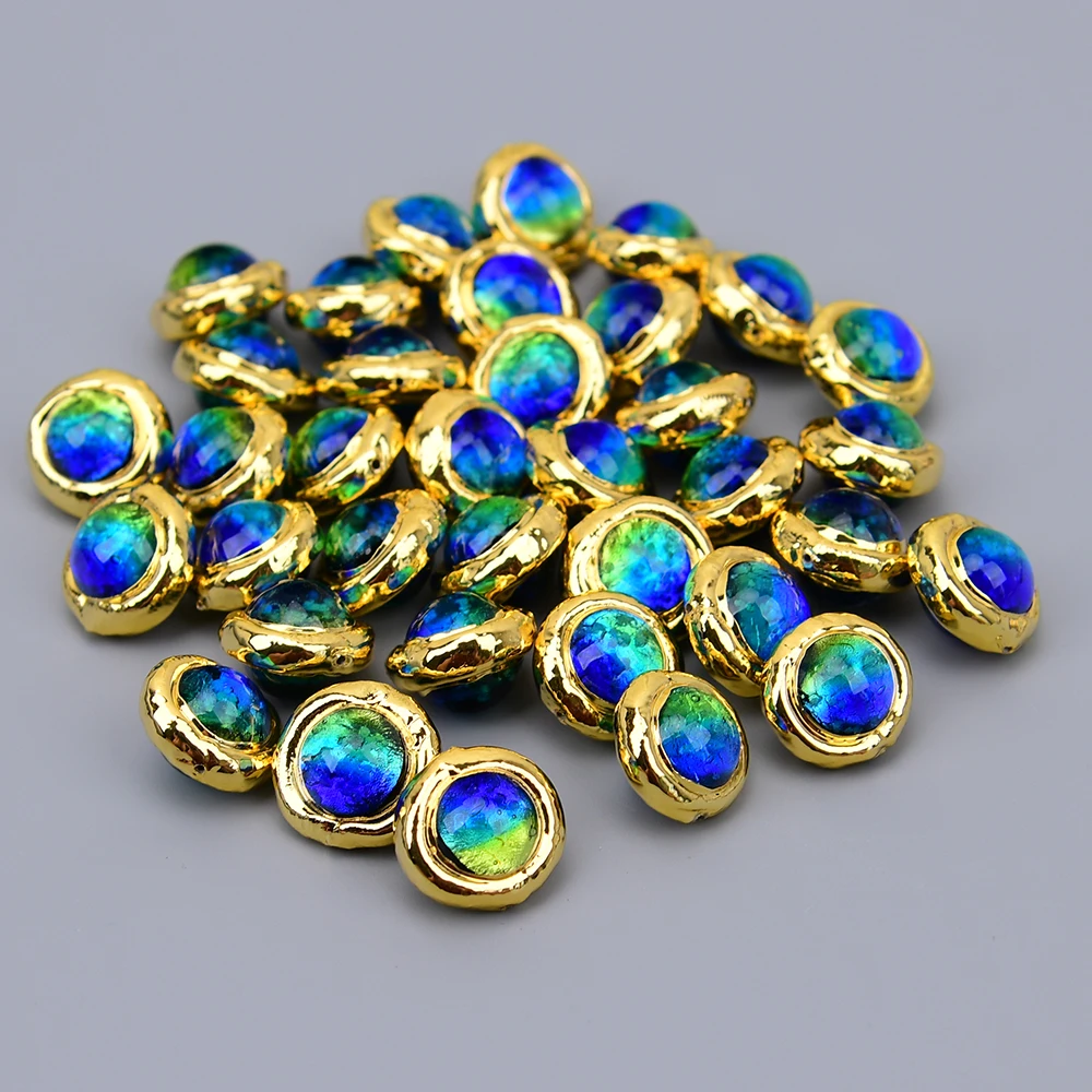 APDGG Wholesale 10 Pcs 15mm Natural Blue Murano Glass Gold Edged Spacer Loose Beads Jewelry DIY