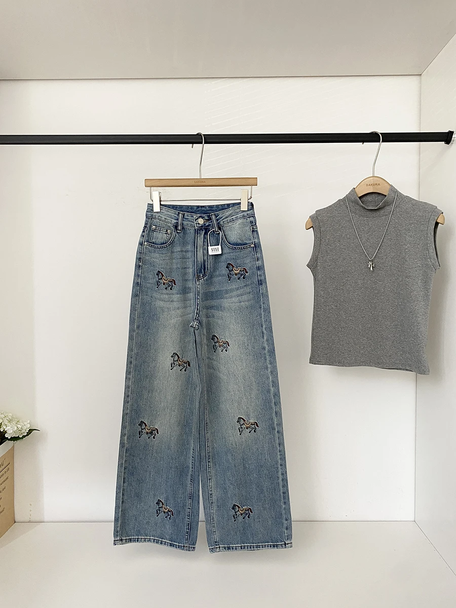 

Spring 2026 High Waist Embroidered Korean Style Women's Jeans Loose Straight Leg Floor-Length Pants Slimming Blue Denim