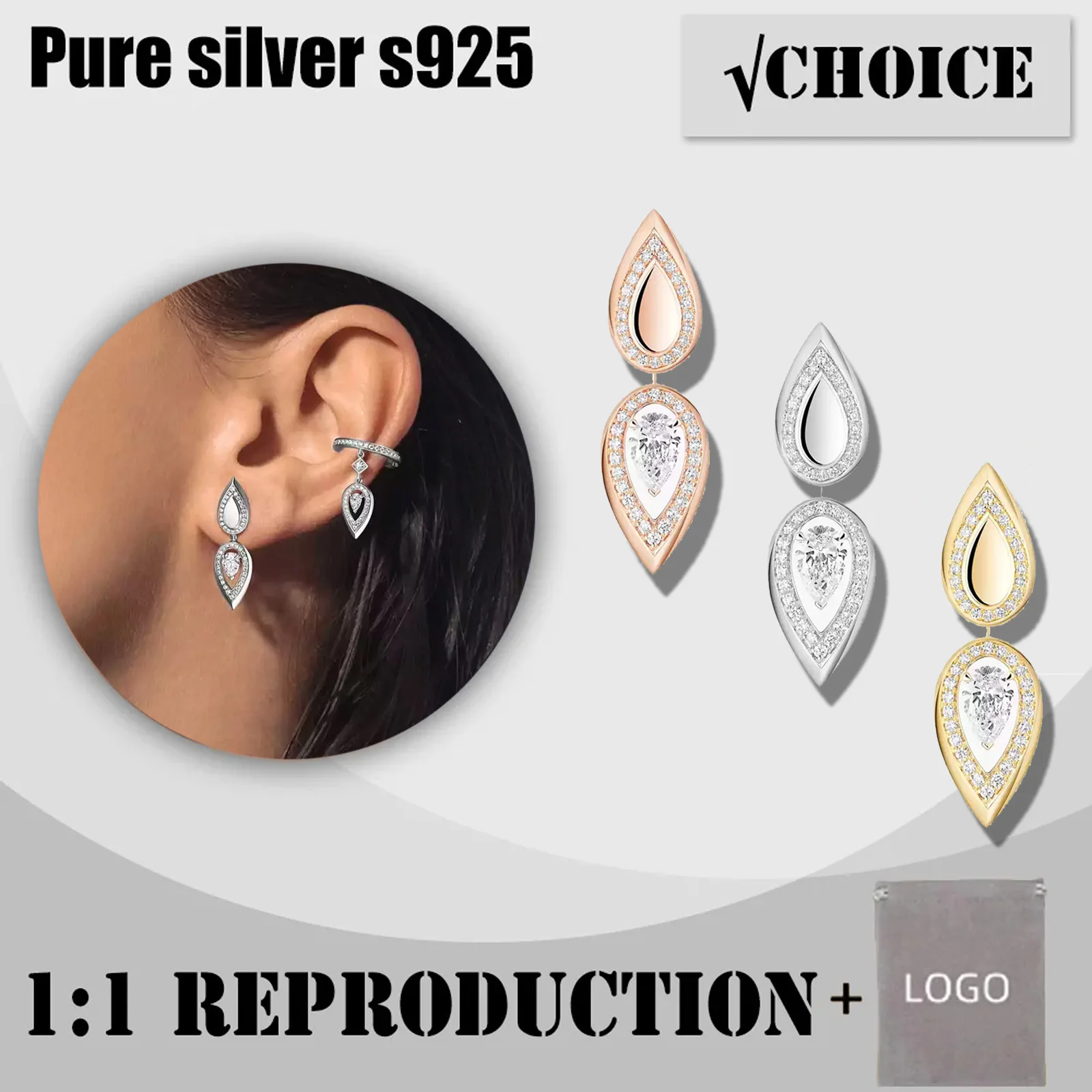 

Pear shaped cut diamond pure silver s925 earrings luxury brand Messik home design simple high-end women's gift earrings