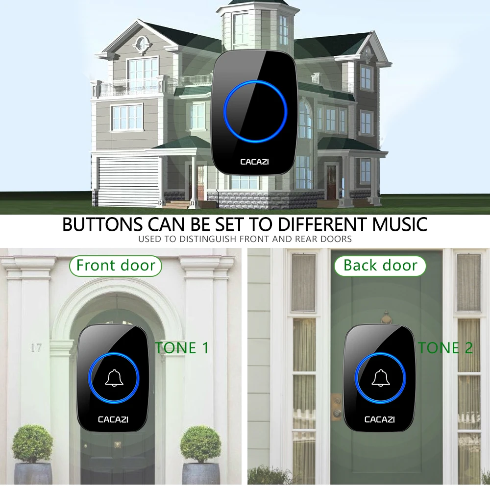 CACAZI Wireless Doorbell 60 Chimes 5 Volume Waterproof buttons 300M Remote Led light Home Smart doorbell US EU UK plug Receiver