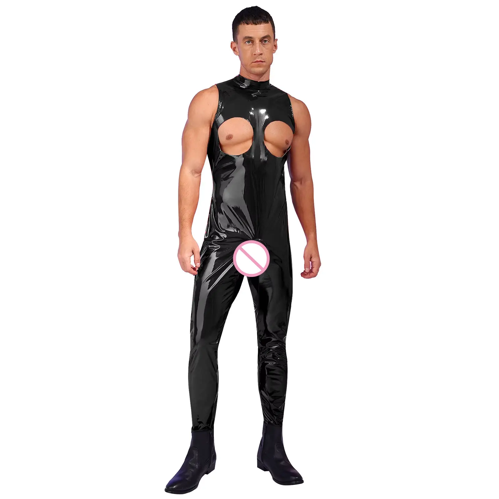 

Мужское сексуальное боди с вырезом, Облегающий комбинезон из лакированной кожи с мокрым внешним видом, обтягивающий комбинезон с ложным воротником, ночное белье, клубная одежда
