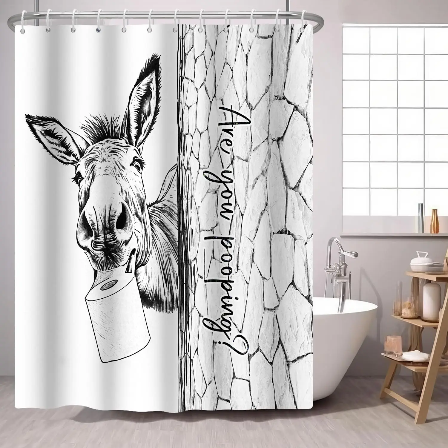 Funny Quote Donkey Shower Curtain, Sketch Donkey With Toilet Paper Stone Wall Art Print Waterproof Bath Curtain Complete With