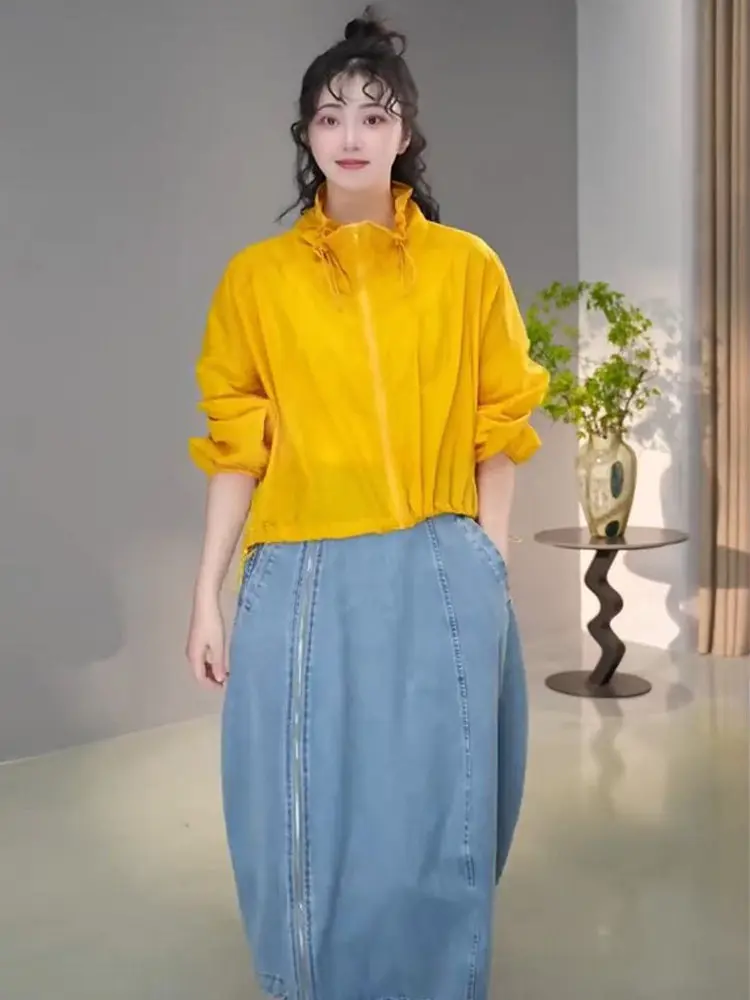 Women's Summer New Loose Slimming Lightweight Casual Jacket Drawstring Stand Collar UV Protection Fashionable Short Coat