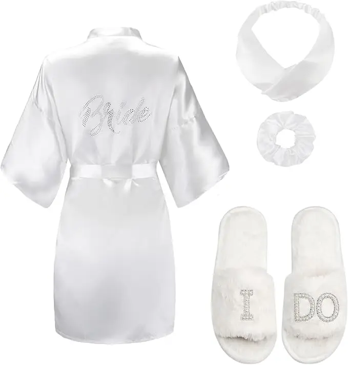 Bride Robe for Wedding Day Set with Slippers Bridal Robes Satin Robes Wedding Bachelorette Party Bridal Shower Gifts